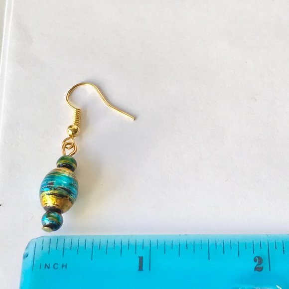 Blue Amber Murano Glass Earrings Bead Hand Painted Round Gold Plated - Picture 7 of 8